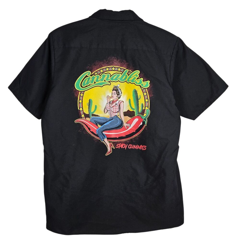 Red Kap Cannabliss Spicy Gummies Button Shirt L Cannabis Pin Up Girl Chili
